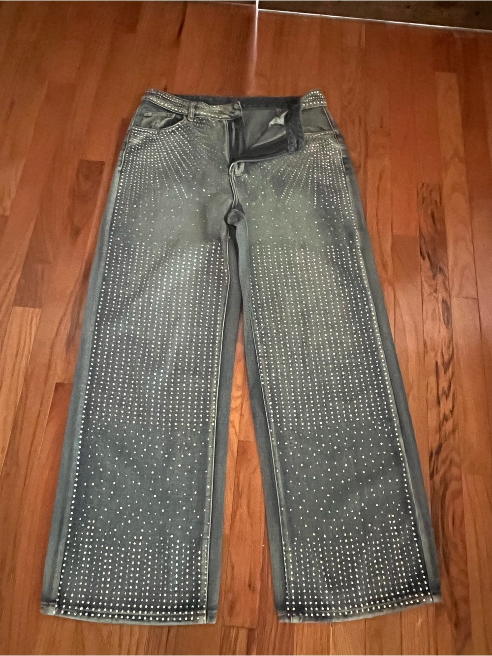 Embellished Wide-Leg Rhinestone Jeans - Gray